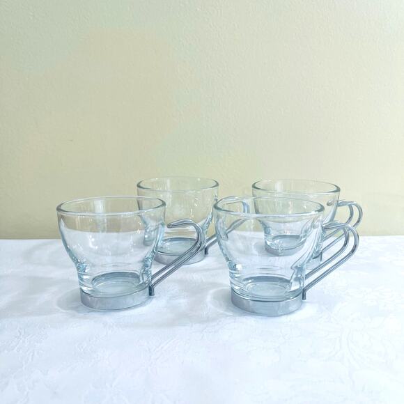 4 Bormioli Rocco Oslo Italian Tempered Glass Espresso Cups Metal Handle Mugs Cup - Picture 1 of 11